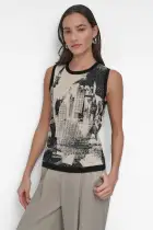 SLEEVELESS BOUCLE PRINTED SWEATER