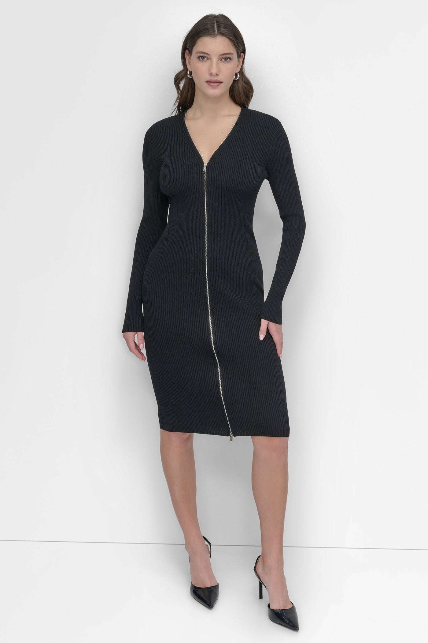 LONG SLEEVE ZIP FRONT SWEATER DRESS