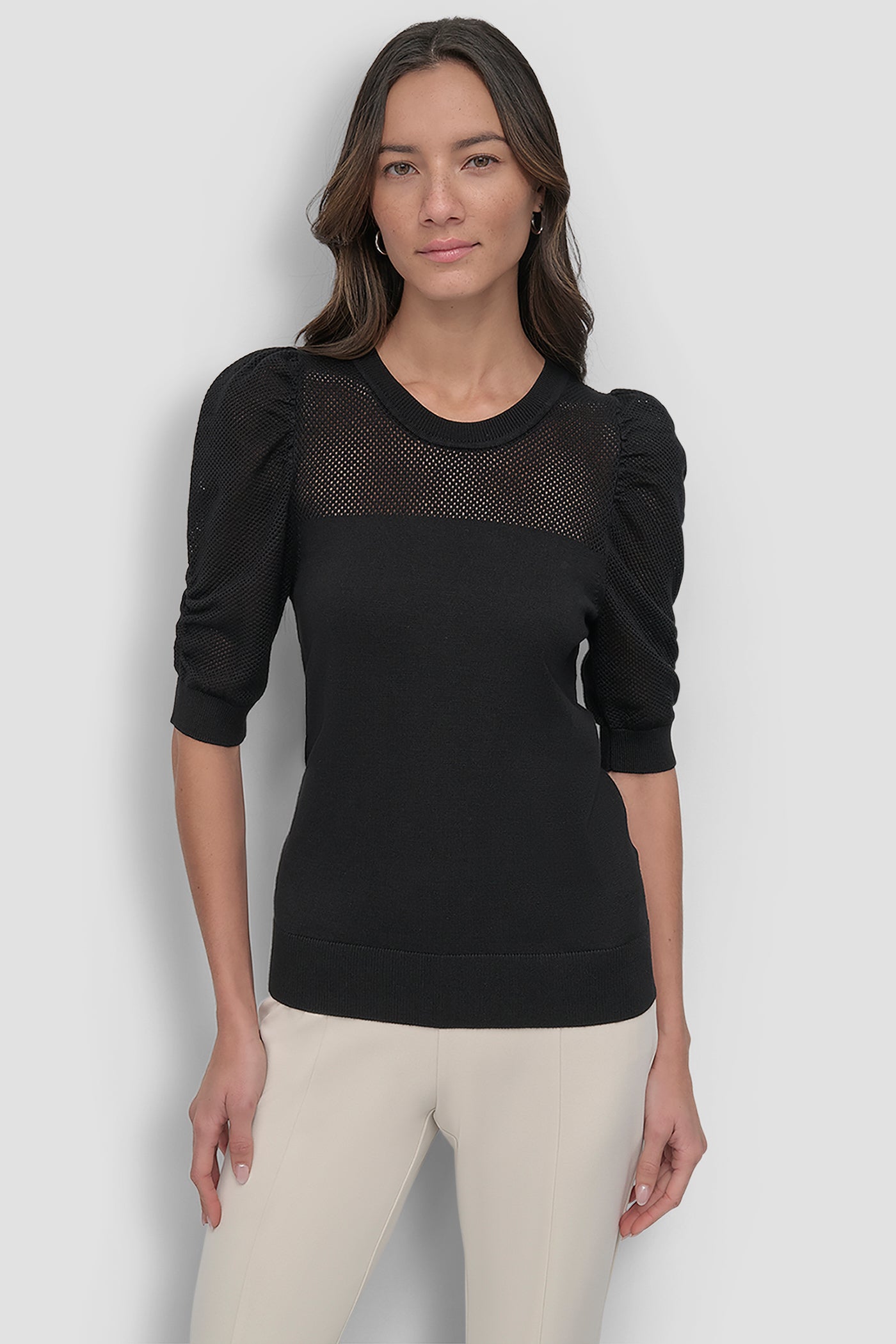 SHORT SLEEVE CREWNECK TWIST SLEEVE SWEATER